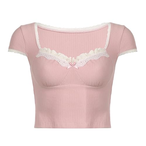 Damen-Kurzarm-T-Shirt mit V-Ausschnitt und Figurformender Spitze im Girly-Stil mit Struktur und schmaler Passform, gestricktes kurzes Oberteil mit freiliegendem Nabelausschnitt – Rosa – S von AYAZER