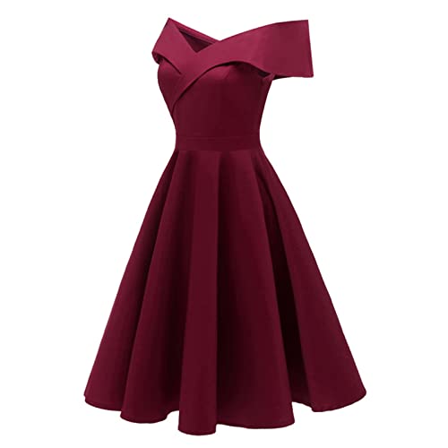 Festliche Kleider für Damen Damen Mittellang Off-Shoulder Kleid Abtanzball Empire Kleid Elegant Adlige Tunika Abendmode Ballkleider Damen Lang Kleider Kurz Sexy Kleider Kleid Langarm (Rot,L) von AYAZER