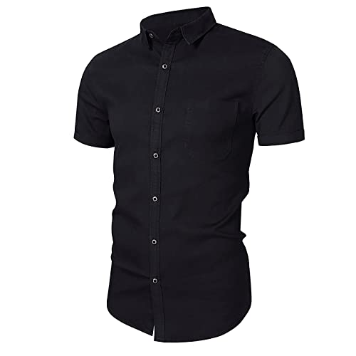 Herren Hemd Kurzarm, Hemd Herren Funktionshemd Herren 4XL Shirts Herrnen Outdooren Legerer Shirts Schlicht V Ausschnitt Sommer Kurze Shirt Gentelman Geknöpftes Lose Kurzärmelige Cool Schwarz L von AYAZER