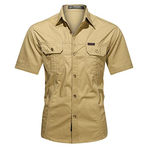 Herren Hemd Kurzarm, Hemd Herren Slim Fit Oberhemden Herren Hemdes Gentelman Bauchfrei Solid V Ausschnitt Hemden Schönes Party mit Knopfleist Shirts Herren Lockere Frühlingse Luftige Khaki 5XL von AYAZER