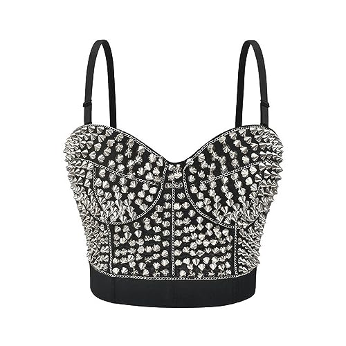 Silberne Nieten Spaghettiträger Gothic Push Up BH Steampunk Bralette Crop Top für Frauen Rave Rock Nachtclub Bar Büstenhalter Femme-Schwarz-M von AYAZER