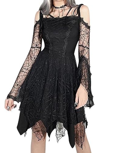 Spinnennetz Mesh Gothic Ästhetisches Vintage Damen Kleid Spitze Patch Glockenärmel Schwarz A-Linie Kleid Rosa Partykleidung-1-S von AYAZER