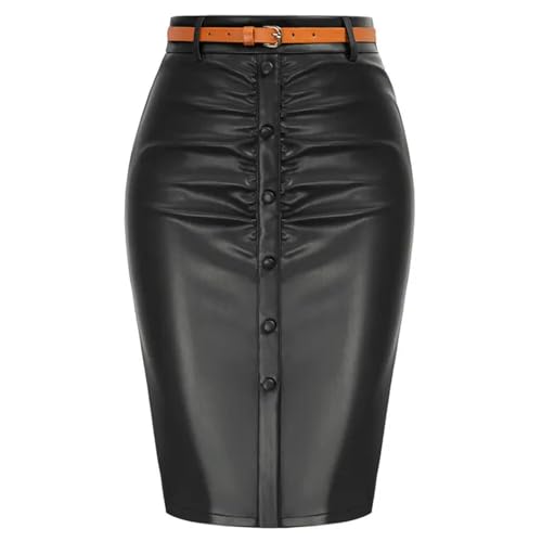 Vintage-Bleistiftrock für Damen, plissierter, Figurbetonter Rock mit Gürtel, Bleistiftrock mit hoher Taille, Overall, Leder, Schwarz, L Vintage-Bleistiftrock für Damen, plissierter, Figurbetonter Rock mit Gürtel, Bleistiftrock mit hoher Taille, Overall, Leder, Schwarz, L von AYAZER