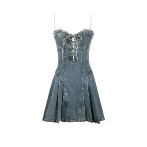 Y2k Plissee Denim Kleider Frauen Harajuku A Linie Mini Kleid Wrap Sommerkleid Robe Sommer Ästhetische Kleidung Koreanische Mode-Blau-S von AYAZER