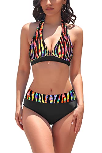 AYEEBOOY Damen Bikini-Set V-Ausschnitt Bikini Top Hängende Hals Bademode Hohe Taille Bikini Bottom Zweiteiliger Badeanzug Swimsuit（Black red，L） von AYEEBOOY