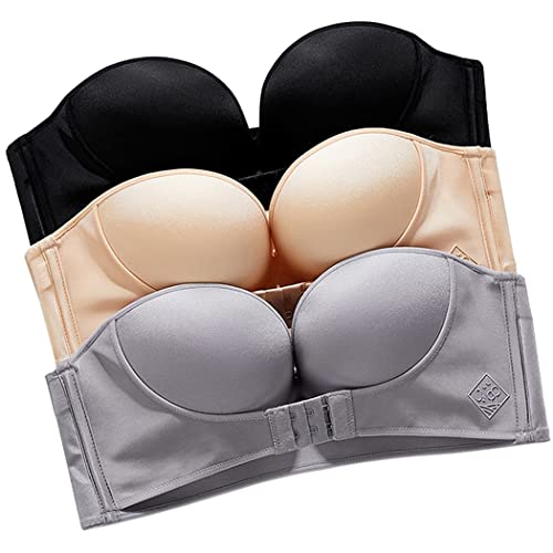 AYGCI 3er Set Damen Bandeau BH Trägerloser T Shirt BH ohne bügel Vorderverschluss Dehnbar Brust Wickeln Hautfarbe 75F große größen Bustier Push up Bralette von AYGCI