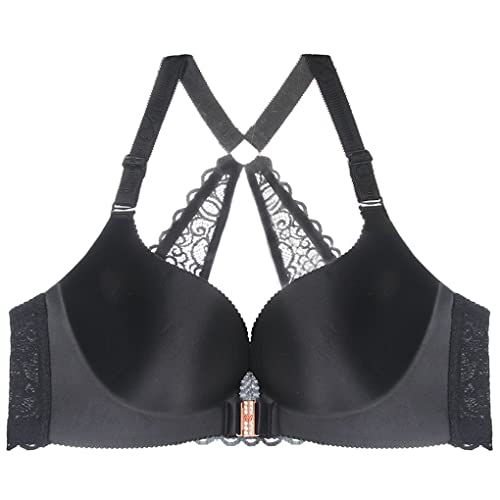 AYGCI Damen BH Vorderverschluss ohne Bügel Push Up BH Schwarz 100B große größen Frauen Spitzen Wohlfühl Bustier Strass Bra von AYGCI