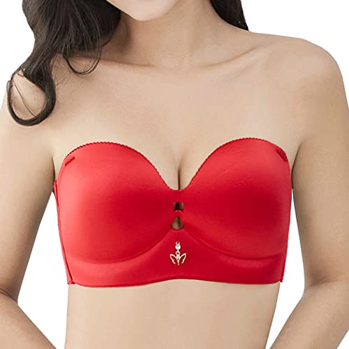 AYGCI Damen Bandeau BH Trägerloser T Shirt BH ohne bügel Ungefüttert Dehnbar Brust Wickeln Rot 115D große größen Bustier Push up Bralette von AYGCI