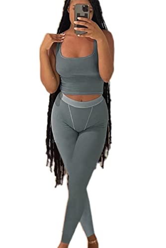 AYWA Damen Crop Tank Top High Waist Legging Sets Kleidung, blau/grau, 36 von AYWA