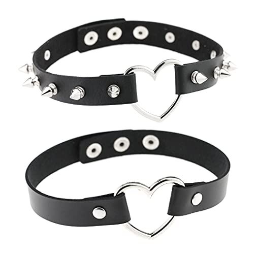 Aabellay 2 Stück Breit Lederhalsband Halskette Herz Form Damen Leder Choker Niet Halsband Gotik Punk Rock Lederband Einstellbar Kragen – Schwarz von Aabellay