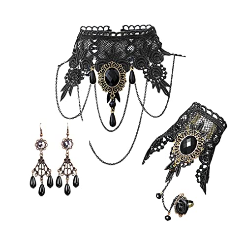 Aabellay Gothic Spitze Choker Halskette Armbänder Ohrringe Damen Schwarz Kette Gotisch Kostüm Fingerlose Handschuhe Retro Victorian Collier Vintage Halsband Halloween Halskette Set- FY008 von Aabellay