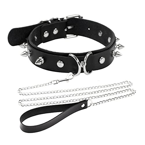 Aabellay Leder Choker Metall Ring Halsband Lederhalsband Halskette Kreis Damen Gotik Punk Rock Lederband Einstellbar Kragen mit Zugkette – Schwarz mit Niet von Aabellay