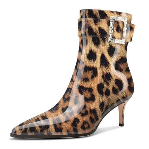 Aachcol Damen Kitten Absatz Heel Stiefeletten Spitze Zehenkappe Schnalle Diamant Kristall Mid Calf Reißverschluss 6.5 CM Heels Dress Stiefel Leopardbraun 39 EU von Aachcol