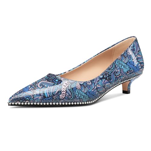 Aachcol Damen Niedrige Absatz Heel Spitze Zehenkappe Pumps Silber Perlen Kitten Absatz Heel Slip-on Büroschuhe Dress Schuhe 3.5 cm Heels Blau Mehrfarbig 39 EU von Aachcol