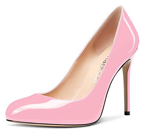 Aachcol Damen Stiletto Pumps Geschlossene Runde Zehenkappe Hoher High Absatz Heel Slip-on Schuhe Hochzeit Büroschuhe Klassisch 10 cm Rosa Lackleder 38 EU von Aachcol