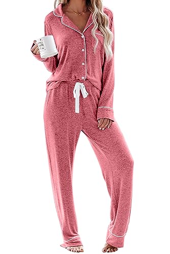 Schlafanzug Damen Lang Pyjama Sets mit Knopfleiste Zweiteiliger Nachtwäsche Hausanzug(M,Roter See) von Aamikast