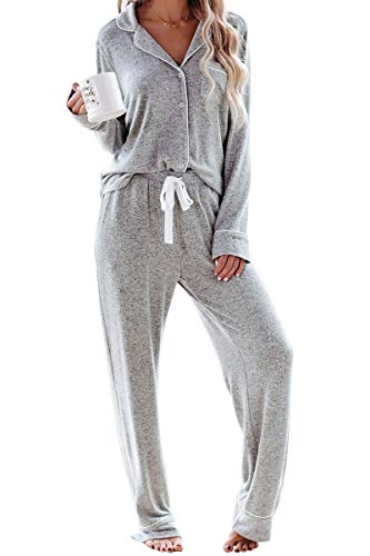 Schlafanzug Damen Lang Pyjama Sets mit Knopfleiste Zweiteiliger Nachtwäsche Hausanzug(L,Grau) von Aamikast