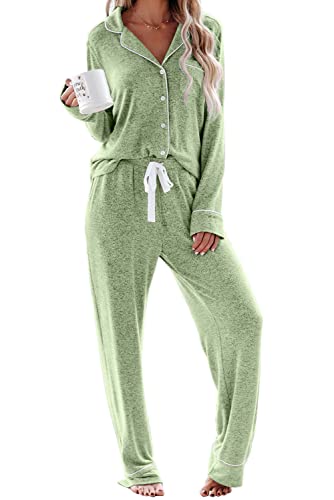 Schlafanzug Damen Lang Pyjama Sets mit Knopfleiste Zweiteiliger Nachtwäsche Hausanzug(L,Obst grün) von Aamikast