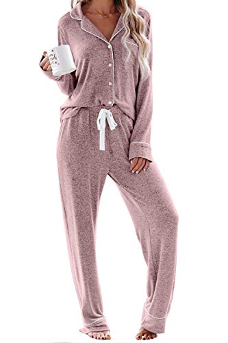 Schlafanzug Damen Lang Pyjama Sets mit Knopfleiste Zweiteiliger Nachtwäsche Hausanzug(L,Rosa) von Aamikast