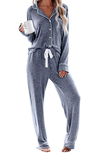 Schlafanzug Damen Lang Pyjama Sets mit Knopfleiste Zweiteiliger Nachtwäsche Hausanzug(L,blau) von Aamikast