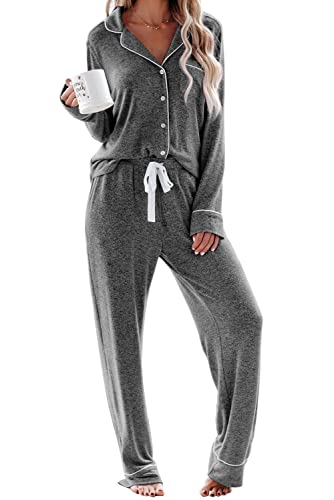 Schlafanzug Damen Lang Pyjama Sets mit Knopfleiste Zweiteiliger Nachtwäsche Hausanzug(M,Dunkelgrau) von Aamikast