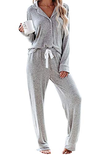 Schlafanzug Damen Lang Pyjama Sets mit Knopfleiste Zweiteiliger Nachtwäsche Hausanzug(S,Grau) von Aamikast