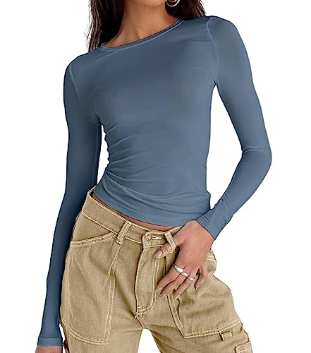 Abardsion Damen Casual Basic Going Out Crop Tops Slim Fit Kurzarm Rundhals Enge T-Shirts, 2# Haze Blue, Groß von Abardsion