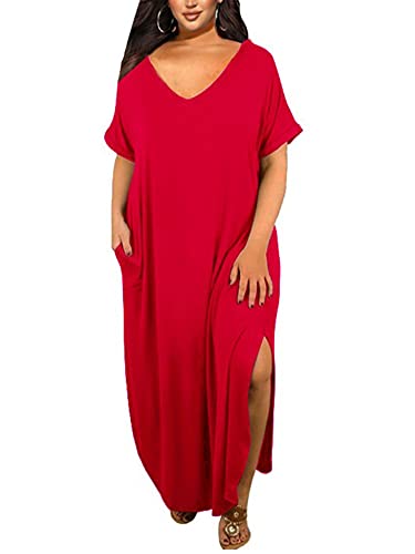 Abtel Damen Große Größen Lang Kleider Sommer Maxikleider Kurzarm V Ausschnitt Tshirt Kleid Sommerkleid Oversize Shirtkleid Rot 3XL von Abtel