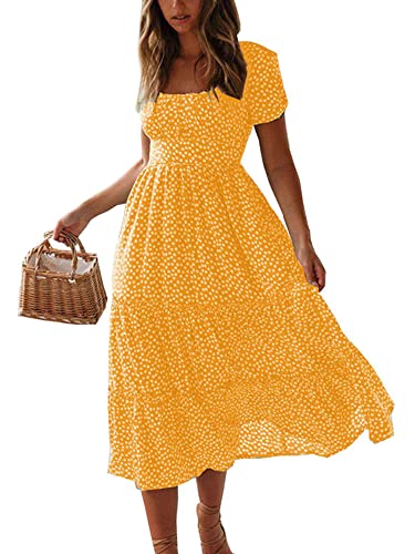 Abtel Sommerkleid Damen Kurzarm High Waist Midikleid Elegant Polka Dot Kleid Vintage Kleider Strandkleid Freizeitkleid Partykleid Sommer Strand Dress Gelb XL von Abtel