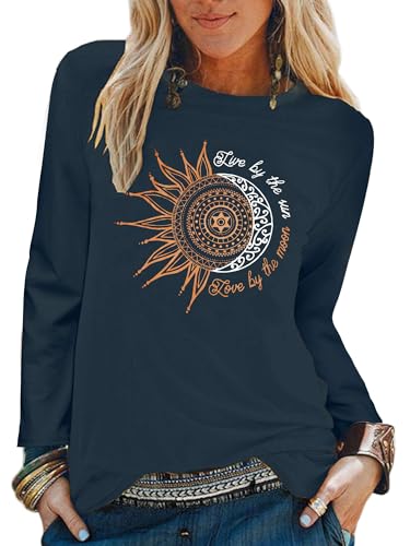 Abtel Tshirt Damen Oberteile Elegant Long Sleeve Crop Tops Casual Langarmshirt Sunflower Drucken Longshirt Tops Sporttop Navy Blau XL von Abtel