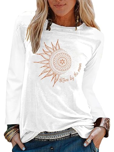 Abtel Tshirt Damen Oberteile Elegant Long Sleeve Crop Tops Casual Langarmshirt Sunflower Drucken Longshirt Tops Sporttop Weiß XL von Abtel