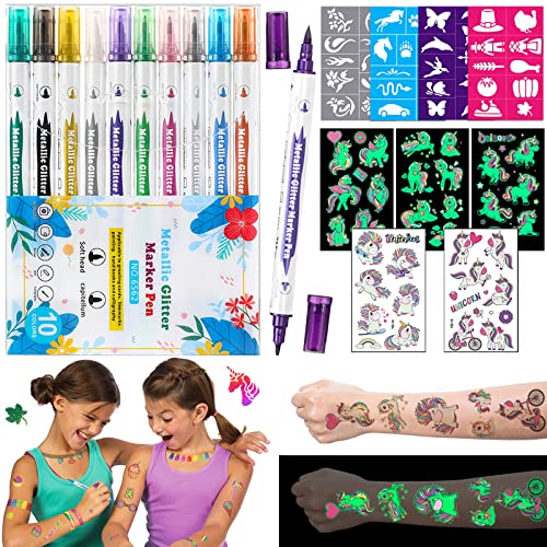 Acebwhtoy Tattoo Stifte für Kinder,10 Tatoostiftes,40 Temporäre Schablonens,31 Einhorn Glitzer Tattoos,Tattoo Pen Hautfreundlich Mädchen Boys, Marker für für Karnevalsschminke Fasching Geburtstag von Acebwhtoy