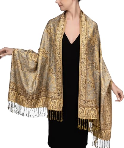 Achillea Pashmina-Schal mit Fransen, weich, seidig, wendbar, Paisleymuster, Grau/Gold, 28" W x 76" L Achillea Pashmina-Schal mit Fransen, weich, seidig, wendbar, Paisleymuster, Grau/Gold, 28" W x 76" L von Achillea