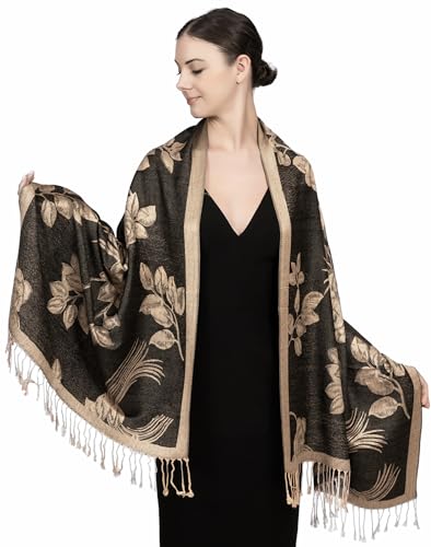 Achillea Weicher, seidiger, wendbarer Paisleymuster, Pashmina-Schal mit Fransen, Blumenmuster, Schwarz und Gold, 28" W x 76" L Achillea Weicher, seidiger, wendbarer Paisleymuster, Pashmina-Schal mit Fransen, Blumenmuster, Schwarz und Gold, 28" W x 76" L von Achillea