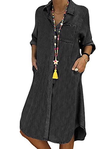 Achinel Damen Kleider Revers Sommer Strand Sonnenkleid Einfarbig Jeanskleid Kaftan Lange Ärmel Frauen Reisen Schwarz Grau XXL von Achinel