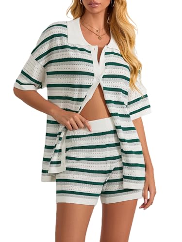 Achlibe Damen 2-teiliges Strick-Pyjama-Set, kurzärmelig, gestreift, gehäkelt, Button-Down-Shirt, Sommer-Shorts, Loungewear, A-dark green, M Achlibe Damen 2-teiliges Strick-Pyjama-Set, kurzärmelig, gestreift, gehäkelt, Button-Down-Shirt, Sommer-Shorts, Loungewear, A-dark green, M von Achlibe