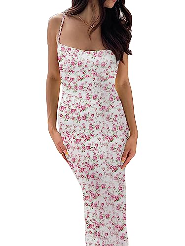 Achlibe Damen Spaghettiträger ärmelloses rückenfreies Kleid Slim Fit Floral Gedruckt Lange Slim Fit Kleider Slip Sommerkleider, Z-weiße und rote Blumen, Small von Achlibe