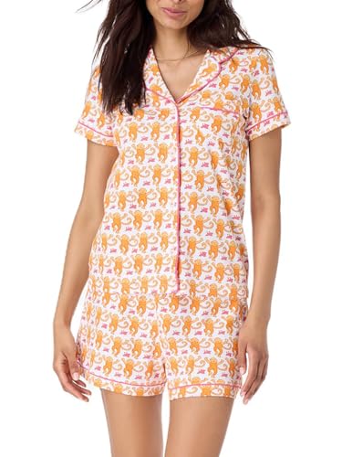 Achlibe Süßer Sommer-Pyjama für Damen, Loungewear-Set, Y2K-Grafikdruck, kurzärmelig, Hemd und Shorts, Pyjama-Set, A-orangefarbener Affe, 36 von Achlibe