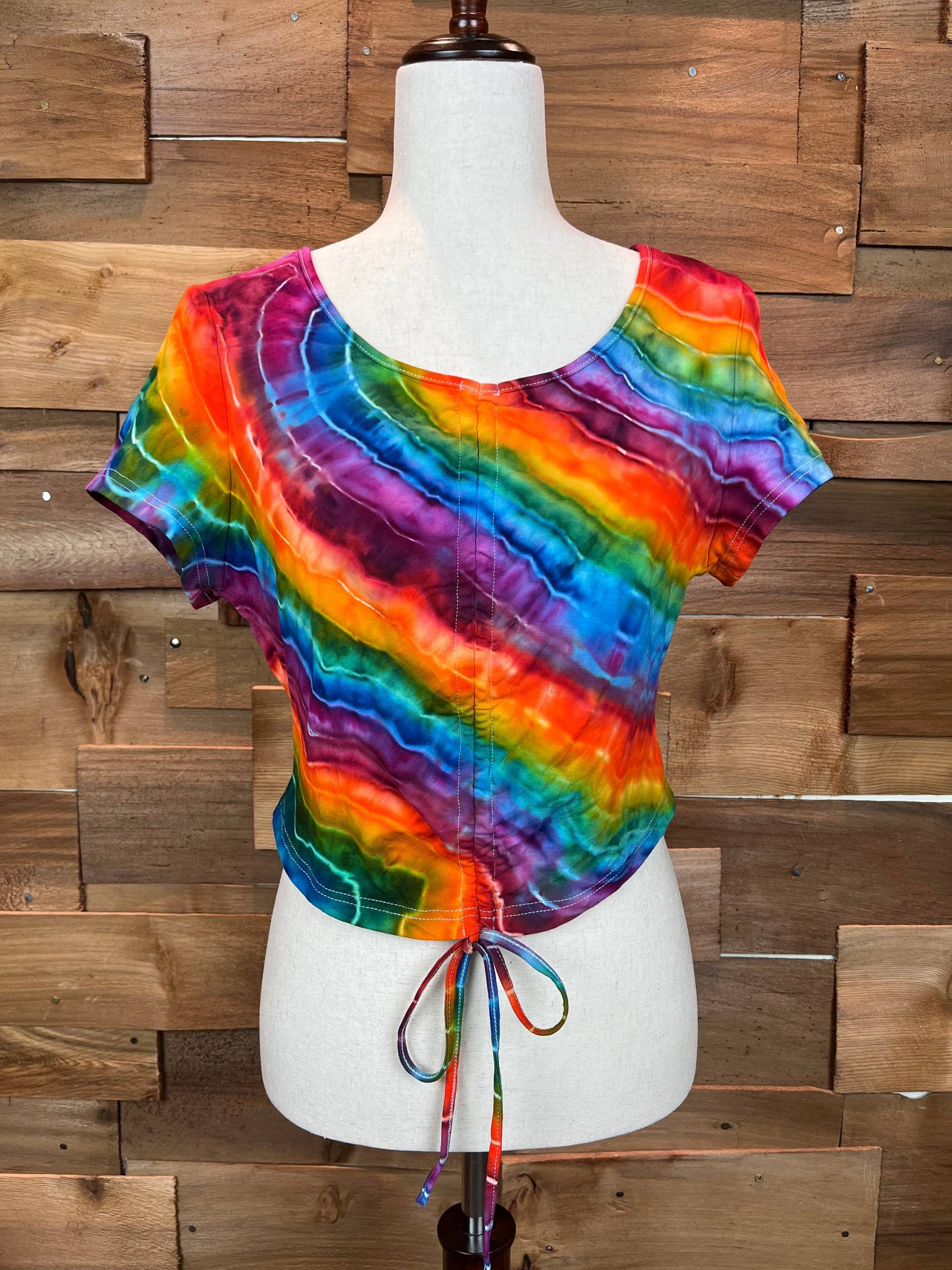 Regenbogen Kordelzug Tie Dye Crop Top | Größe Xl Hippie, Boho, Festival, Rave Kleidung von AcidEmpressDesigns