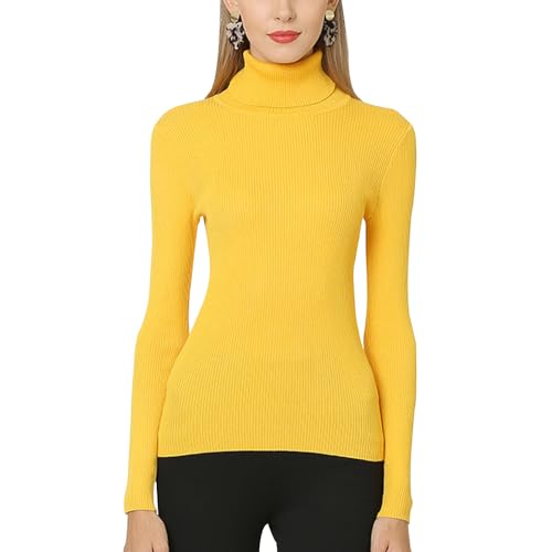 Acramy Damen Pullover Rollkragen Oversize Pulli Strick Basic Strickpullover Dünn Strickpulli (3XL, Gelb) von Acramy