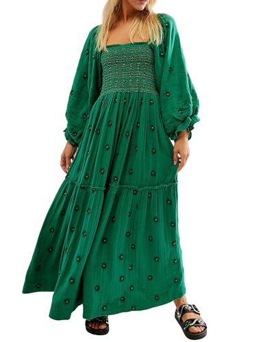 Acrawnni Damen Blumen Bestickt Maxikleid Lange Puffärmel Quadratischer Ausschnitt Gesmokt Stufened Bohemian Flowy Kleid Strand Langes Kleid, A-dark green, Medium von Acrawnni