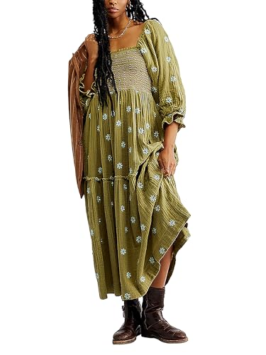 Acrawnni Damen Blumen Bestickt Maxikleid Lange Puffärmel Quadratischer Ausschnitt Gesmokt Stufened Bohemian Flowy Kleid Strand Langes Kleid, A-grün, Small von Acrawnni