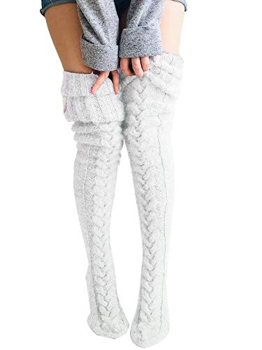 Acrawnni Damen Mädchen Winter Zopfstrick Overknee Socken Oberschenkel Hohe Lange Stiefel Socken Strumpf Beinwärmer (A-Beige, One Size) von Acrawnni
