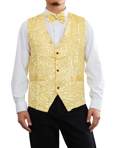 Acrawnni Herren Glänzende Pailletten Anzugweste Tiefer V-Ausschnitt Glänzend Slim Fit Anzugweste Weste Weste mit Fliege Hochzeit Abschlussball Party Smoking (A-Gold, XXL), A-Gold, XXL von Acrawnni