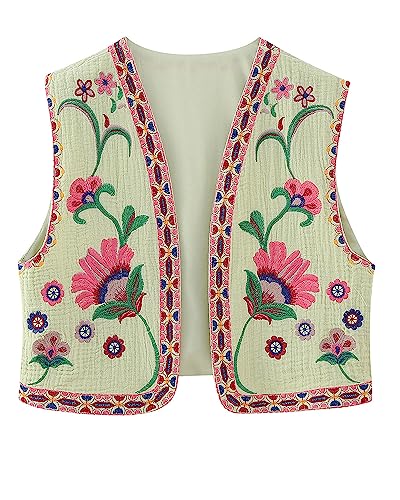 Frauen Weste Vintage Floral Bestickt Crop Weste Casual National Open Front Ärmellos Cardigan Oberbekleidung Gilet Streetwear, A-Grün Bunt, 36 von Acrawnni