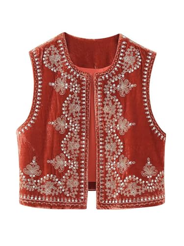 Frauen Weste Vintage Floral Bestickt Crop Weste Casual National Open Front Ärmellos Cardigan Oberbekleidung Gilet Streetwear, D-rot Orange, M von Acrawnni