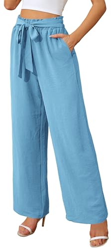 Actcat Damen Hose mit weitem Bein, leicht und elegant, elastischer Bund, Sommerhose mit Taschen, für legere Arbeit geeignet Hosenrock Damen Sommer leichte Sommerhose Damen,Hellblau,L von Actcat