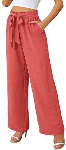 Actcat Damen Hose mit weitem Bein, leicht und elegant, elastischer Bund, Sommerhose mit Taschen, für legere Arbeit geeignet Strandhosen Damen leicht Stoffhose Damen,Orange Rot,XXL von Actcat