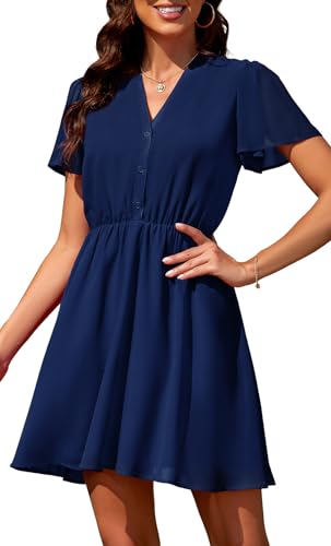 Actcat Damen Kleid V Ausschnitt Chiffon Kleider Transparent Kurzarm Blumenmuster Freizeitkleider Damen Strickkleid sexy Kleid Strickkleid Partykleid blusenkleid Kleid elegant,Navy blau,XL von Actcat