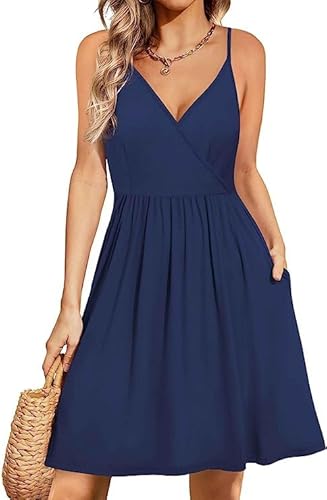 Actcat Damen V-Ausschnitt Ärmelloses Swing-Kleid mit Taschen - A-Linie Casual Kleider perfekt für Sommer und Strand Navy Blue von Actcat